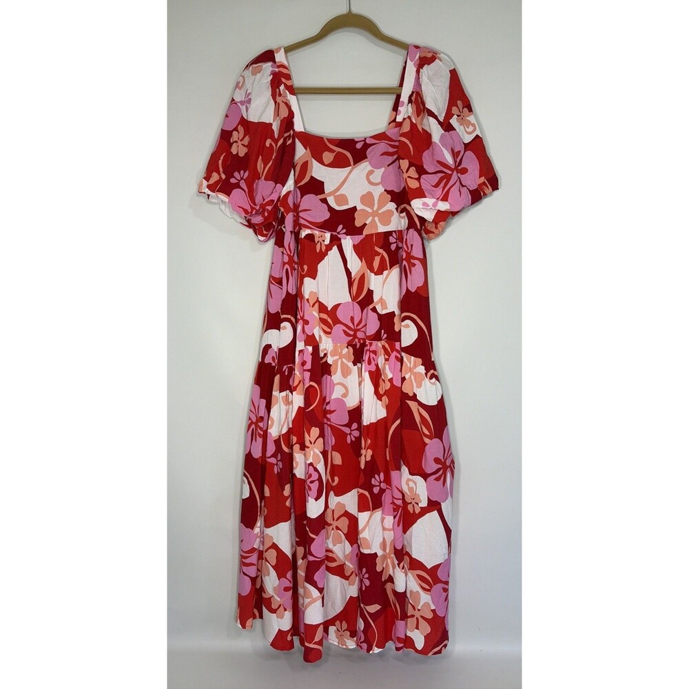 Summer Garden Party Red Pink Floral Tiered Puff Sleeve Midi Dress Sz L